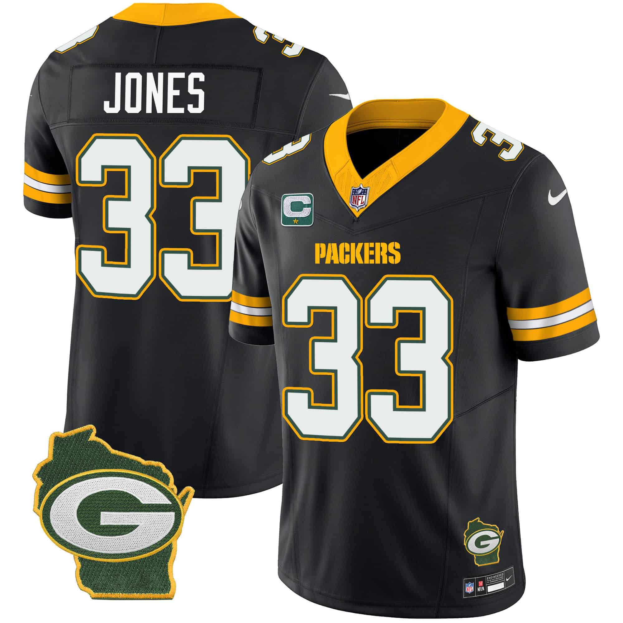 Men Green Bay Packers #33 Jones Black 2024 Nike Home Patch Vapor NFL Jersey style 1